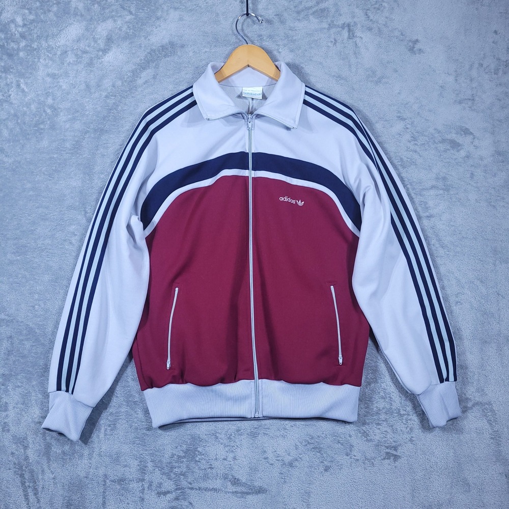 Vintage 80's Adidas Track Jacket Mens Large Gray Burgundy Zip up Trefoil Retro